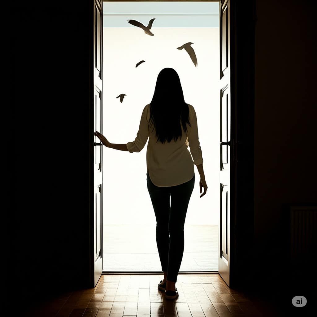 A woman stands thoughtfully in front of a closed door, symbolizing her readiness for a life change. Soft lighting highlights her determined expression, with the door representing new opportunities.